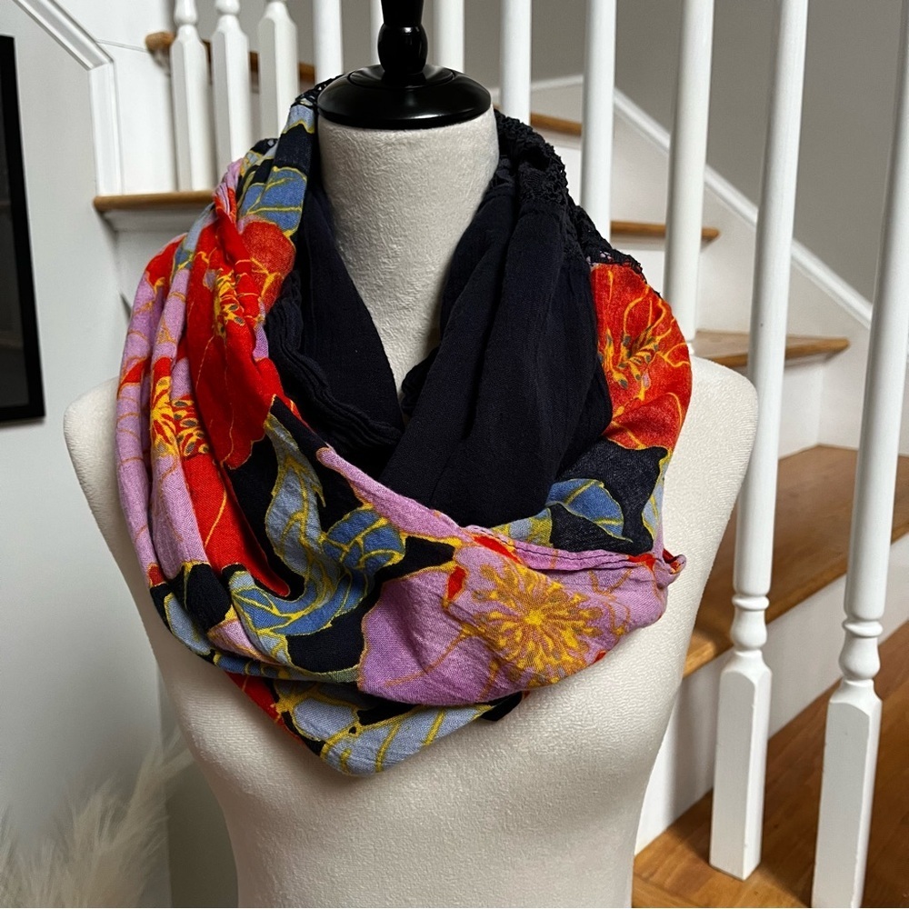Infinity Scarf Navy Blue 33” x 24” Orange Pink Floral Soft Lightweight Lace